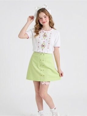 Alfred Dunner White Knit Short-Sleeve Top with Pink Trim & Green Embroidery